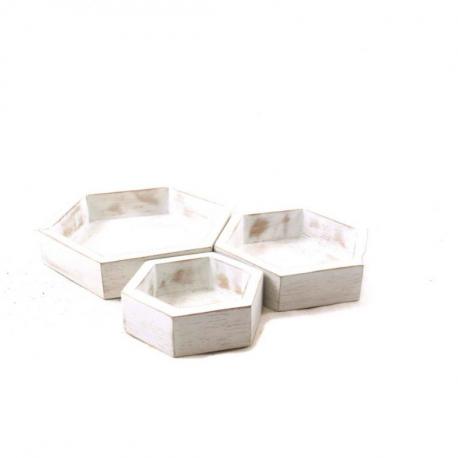 Set de 3 plateaux de présentation pour bijoux - Présentoirs hexagonaux gigognes en bois blanc cérusé