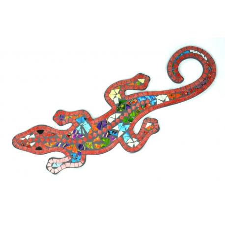 Gecko mural 60cm en mosaïque de verre rouge multicolore
