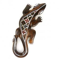 Gecko en bois 30cm, décoration murale motif Trèfle Batik