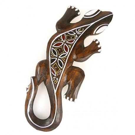 Margouillat motif batik - décoration murale en bois 30cm