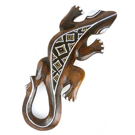 Salamandre en bois 30cm, décoration murale motif batik