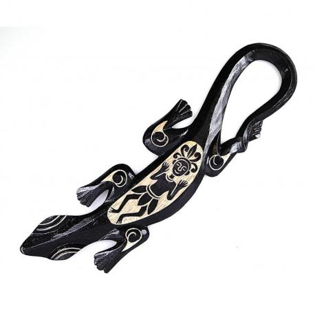 Salamandre/Gecko mural en bois peint noir motif tribal africain 50cm