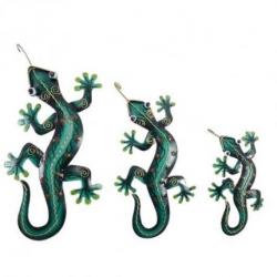 Lot de 3 Salamandres Vertes / Geckos muraux en fer forgé artisanal