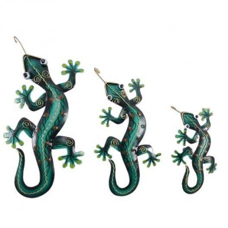 Lot de 3 Salamandres Vertes / Geckos muraux en fer forgé artisanal