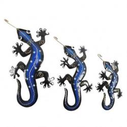Lot de 3 Salamandres Bleues / Geckos muraux en fer forgé artisanal