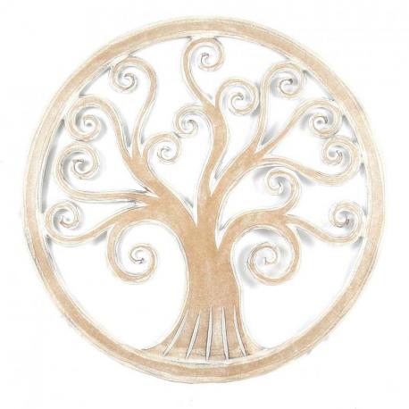 Grand décor mural arbre de vie en bois finition blanchie ø60cm