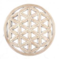 Grand décor mural fleur de vie en bois sculpté blanc cérusé ø60cm