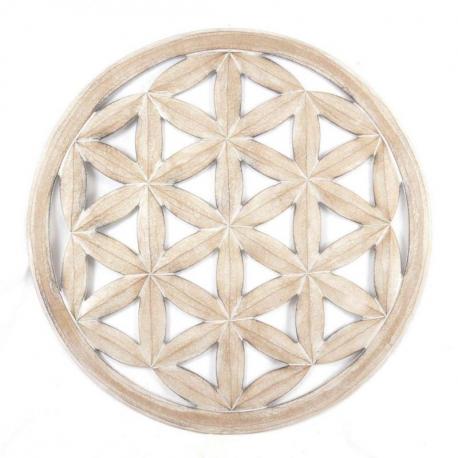 Grand décor mural fleur de vie en bois sculpté blanc cérusé ø60cm