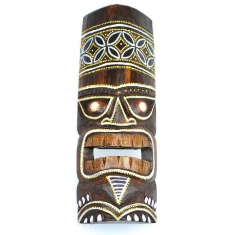 Masque Tiki 30cm en bois motif Batik coloré. Déco Tiki.