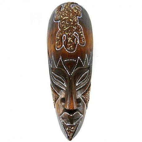 Masque africain motif gecko en bois 30cm, déco ethnique chic