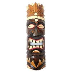 Masque Tiki 50cm en bois motif Plumes. Déco tribale polynésienne.