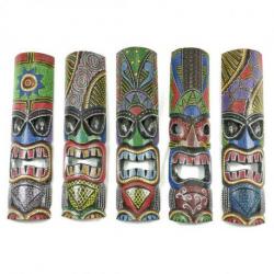 Lot de 5 masques tikis multicolores 50cm | Bois sculpté et peint à la main