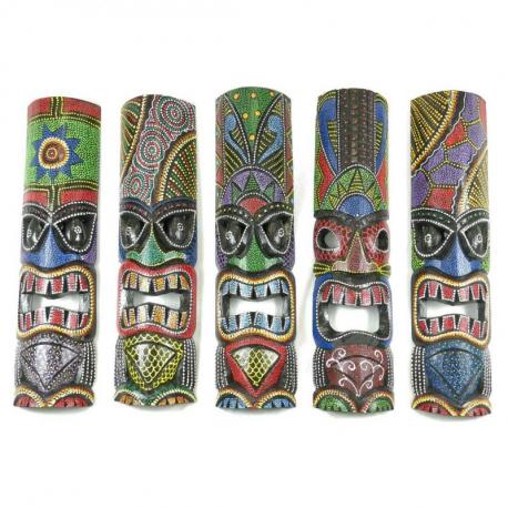 Lot de 5 masques tikis multicolores en bois sculpté et peint à la main 50cm