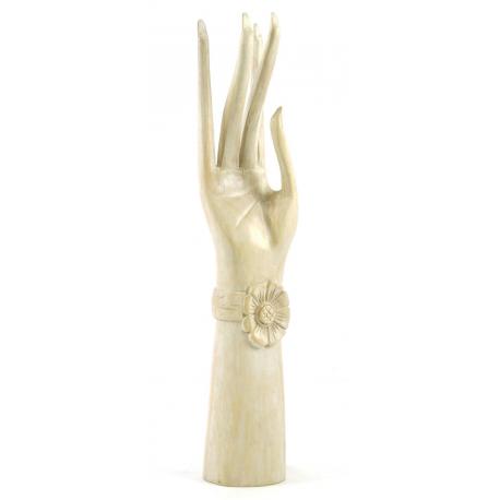 Grande main de Bouddha / Présentoir à bijoux en bois massif 40cm blanc cérusé