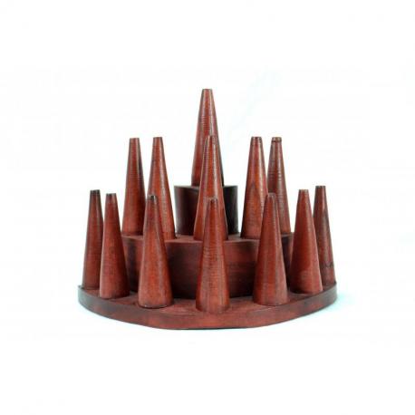 Porte-bagues /  Présentoir à bagues (13 cônes) en bois teinte rouge