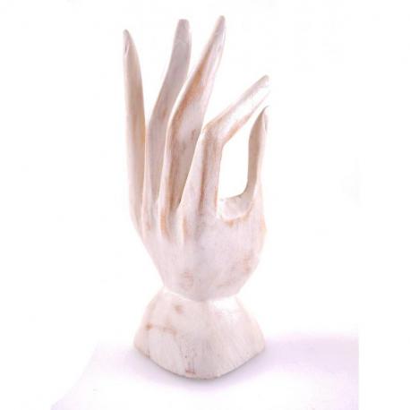 Main de Bouddha / Présentoir à bagues en bois sculpté patine blanche