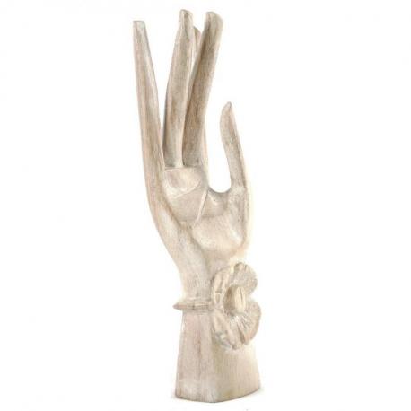 Main de Bouddha / Porte-bagues en bois blanc cérusé 20cm