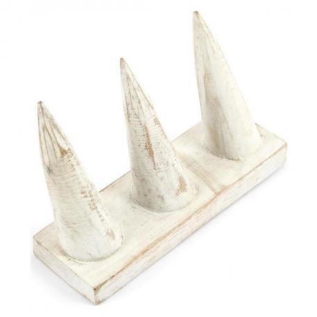 Porte-bagues en bois massif finition blanc cérusé / Présentoir à bagues (3 cônes)