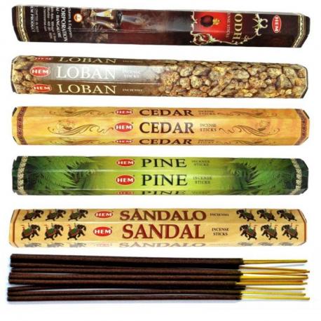 Assortiment d'encens - Bouquet "Parfums boisés" (5 parfums). Lot de 100 bâtons marque HEM