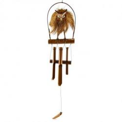 Carillon à vent artisanal en bambou et noix de coco décor Chouette - Hibou