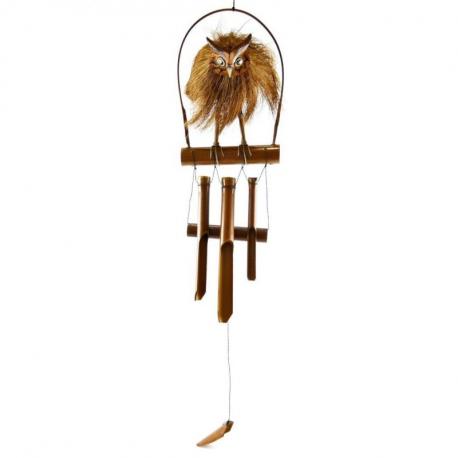 Carillon à vent artisanal en bambou et noix de coco décor Chouette - Hibou