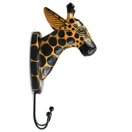 Patère 2 crochets / Trophée mural tête de Girafe en bois.