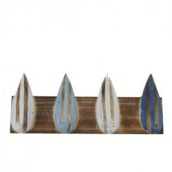 Patère en bois 16x40cm 4 crochets - Décor planches de surf coloris bleu et blanc