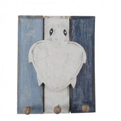 Patère en bois 30x23cm 3 crochets - Décor tortue coloris bleu et blanc