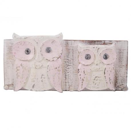 Porte-manteau mural en bois 3 crochets Chouettes / Hiboux - Coloris rose