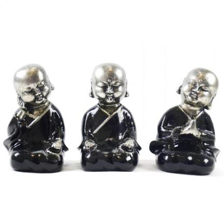 Petits moines bouddhistes : statuettes en résine laquée noire et argentée 15cm