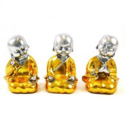 Bébés bouddhas : 3 statuettes en résine laquée or et argent 15cm