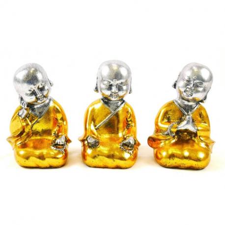 Bébés bouddhas : 3 statuettes en résine laquée or et argent 15cm
