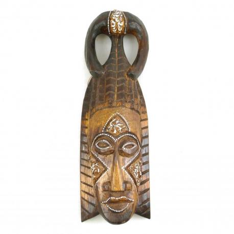 Masque Africain marron en bois peint et sculpté main style tribal 30cm