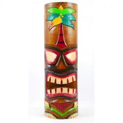 Totem Tiki cylindre 50cm en bois, motif Palmier coloré. Décoration maori