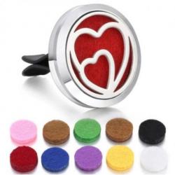 Diffuseur de parfum pour voiture à clipser + 10 buvards - Modèle Double Coeur Argent