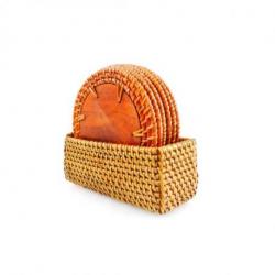 Coffret 6 sous-verres Ronds en Bois et Rotin "Lombok"