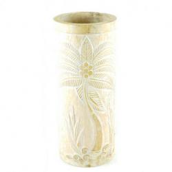 Porte-parapluie ou vase en bois 50cm décor Palmier - Coloris naturel cérusé blanc