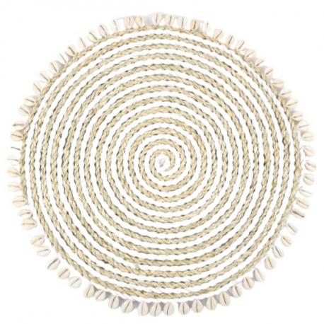 Set de table rond en jonc de mer et coquillages - Coloris naturel et blanc