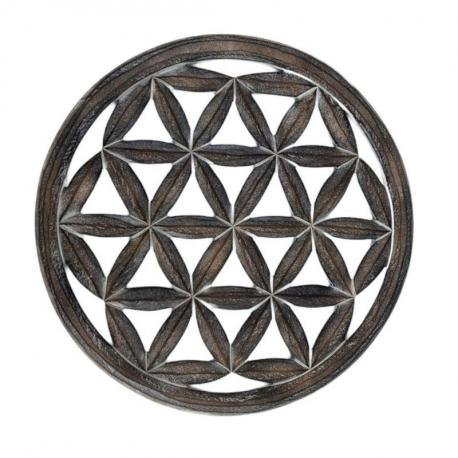 Décor mural ø40cm Fleur de vie - Bois sculpté marron cérusé