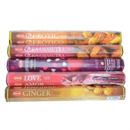 Assortiment d'encens - Bouquet "Aphrodisiaque". Lot de 100 bâtons (5 parfums) marque HEM.