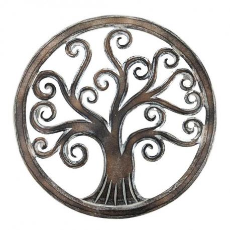 Décor mural ø40cm Arbre de vie  - Bois sculpté marron cérusé