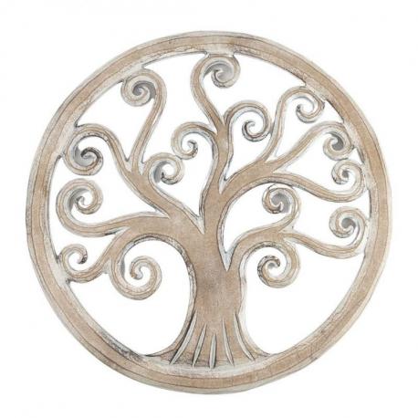 Décor mural ø40cm Arbre de vie  - Bois sculpté blanc cérusé