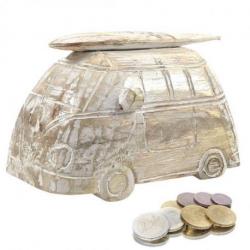 Tirelire Van de Surfeur style Vintage en bois. Coloris Blanc cérusé
