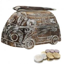 Tirelire Van de Surfeur en Bois style Vintage . Coloris Marron cérusé