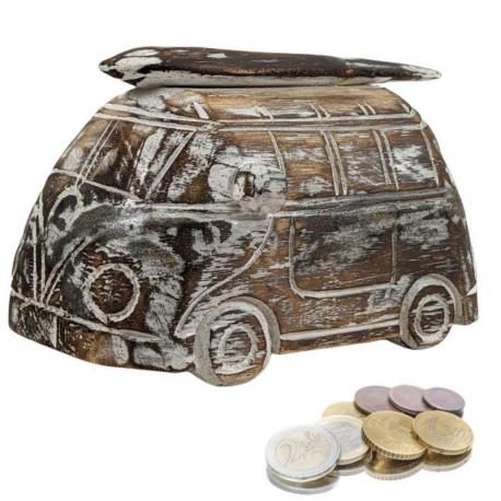 Tirelire Van de Surfeur en Bois style Vintage . Coloris Marron cérusé