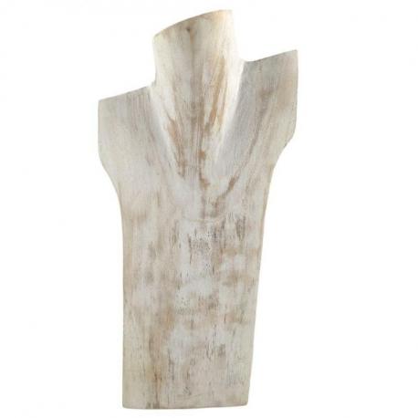 Déclassé - Buste présentoir à colliers en bois massif blanc cérusé 30cm