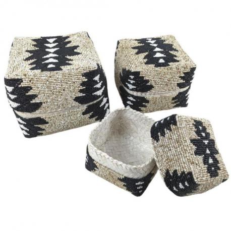 Set de 3 Boîtes à offrandes de Bali en Bambou & Perles. Coloris Beige et Noir