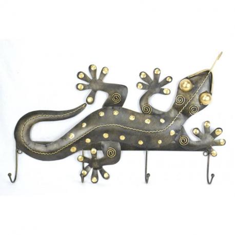 Porte-manteau Mural - Gecko 4 crochets en métal forgé Artisanal