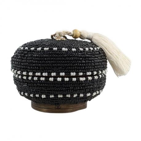 Petite Boîte à Bijoux ronde ø11cm - Bambou, Pompon et Perles Noires & Blanches