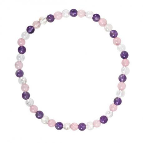 Bracelet Multipierres Améthyste / Quartz Rose / Cristal de Roche grade A - boules 4mm Bracelet Multipierres Améthyste / Quartz Rose / Cristal de Roche grade A - boules 4mm